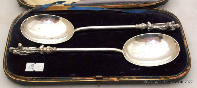 Pair of Goodwin & Son Silver Plate Apostle Spoons: Cased Pair of Goodwin & Son Silver Plate Apostle Serving Spoons. Early 1900s. (2 items)