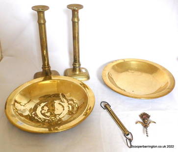 Antique Pair Tall Brass Candlesticks Etc.: Antique Pair Tall Brass Candlesticks. 19th Century. Height 12 in. A Pair of Brass Bowls. Diameter 12 in. A Walsh pocket Ounces/Grams Spring Balance and a Barmouth cork screw. (6 Items)