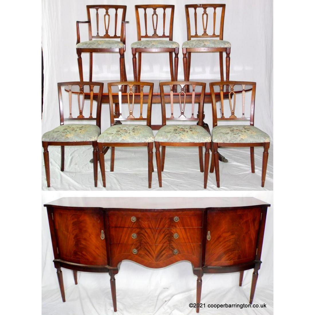 Vintage Strongbow Mahogany Dining Room Suite: Vintage Strongbow Mahogany Dining Room Suite. 20th Century. Consisting of a D End Pull Out Dining Table with Reeded Edge on a Tripod Base with Brass Lions Paw Casters.7 Matching Chairs 6+1 and a Sideb