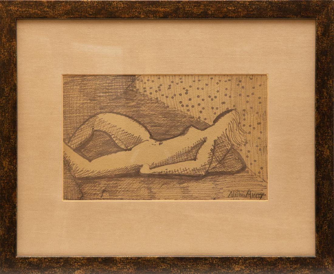 Milton Avery Mixed Media Reclining Nude: Signed Milton Avery original mixed media of a reclining nude pencil signed L/R and dated 1950, provinance Sally Michel Avery. 18"x22" Framed.