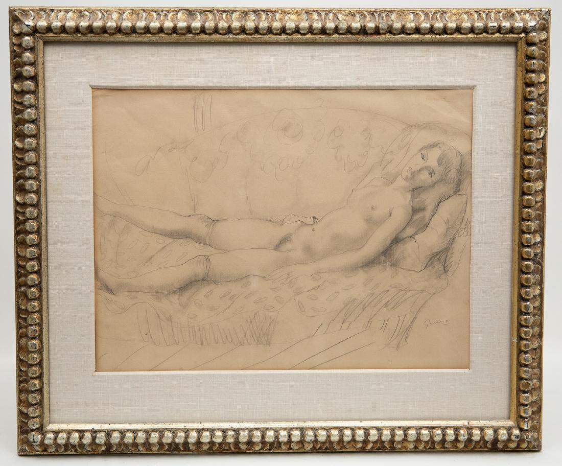 Recling Nude Pen and Lnk by Emil Ganso: Emil Ganso pen and ink drawing of a reclining partially clad female Signed in Pencil. Circa 1930's