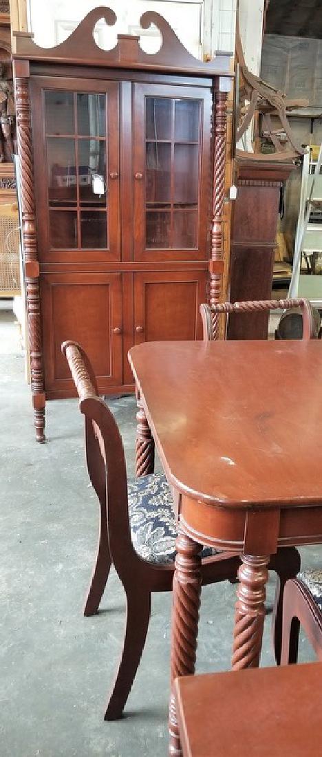 Sheraton Mahogany 9 pc. Dining Room Set: Ca. 1915 Sheraton mahognay 9 pc. Diningroom set including dining table 30 1/4"h x 62"w x 40"d, sideboard 43"h x60"d x 21 d" corner cabinet 75"h x 36 1/2"w x 22 1/4"d 6 chairs with beautiful upholstery