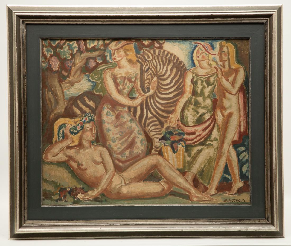 Rene Buthaud Rare Oil Painting on Panel: Rene Buthaud painting on panel, "Pomona With Female Figures and Zebra, probably maquette for Tabard Commission of Aubusson Tapestry for Paris Exposition of the Arts 1937 see page 184 of "Rene Buthaud