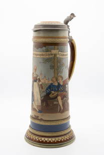 Mettlach Master Beer Stein: Mettlach beer stein/pitcher #2286. Incised design . Circa 1900. 15" High