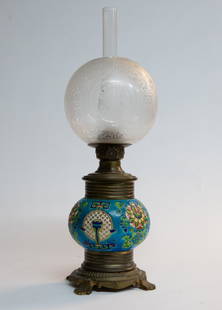 Longwy Enameled 19th C. Oil Lamp: Longwy 1875 etched medallion shade oil lamp with a beautiful vibrant floral design. Approx 23" Height