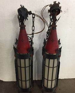 Rare Set of 2 1890's Am. Gothic Lantern Lights: Rare set of 2 circa 1890's American Gothic Cathedral lanterns. Copper and church-wrought iron with leaded glass cylinders in mint condition. 41" H x 8" Diameter (28" chains)