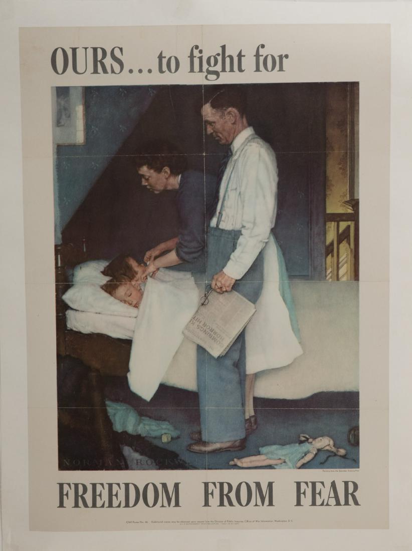 Vintage Norman Rockwell WWII Poster Canvas Backed: Vintage Norman Rockwell "Oursƒto fight for" Freedom from Fear Office for War Information Poster number 46 1943 signed in print painting from Saturday evening post unframed. Approx 20" x 28" mounted o