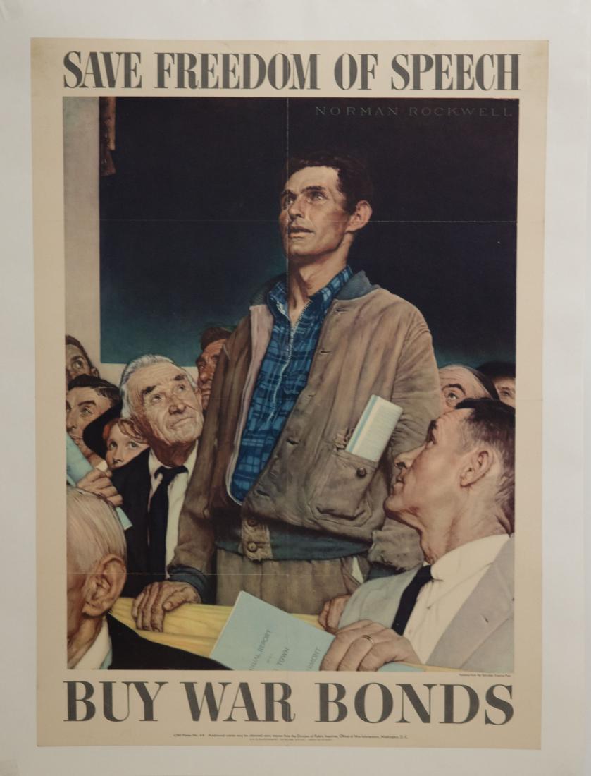 Vintage mid century art,Norman Rockwell WWII Poster: Vintage Norman Rockwell "Save Freedom Of Speech"Ê Office for War Information Poster number 44 1943 signed in print painting from Saturday evening post unframed. Approx 20" x 28" Image Mounted on canv
