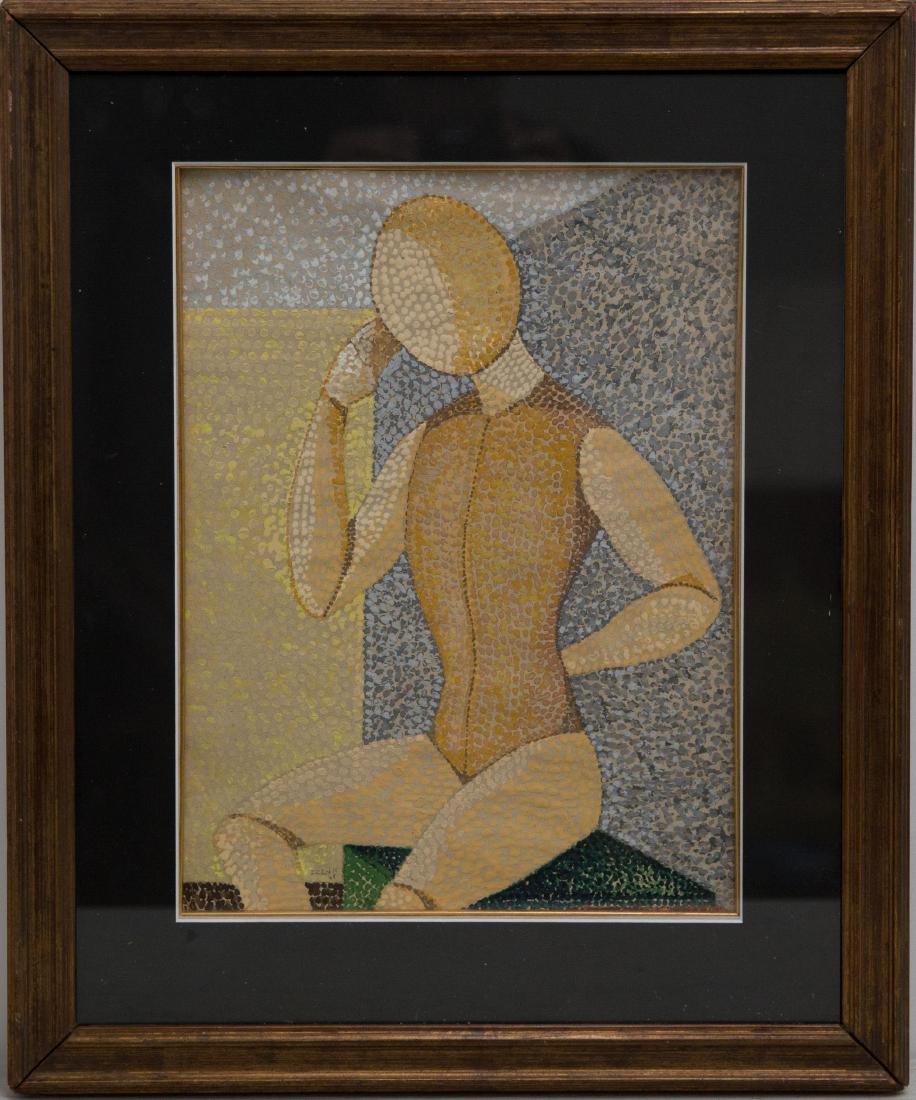 Signed French antique Pointilist style gouache painting: French Pointilist signed and dated Frank 88, 16 x 12"