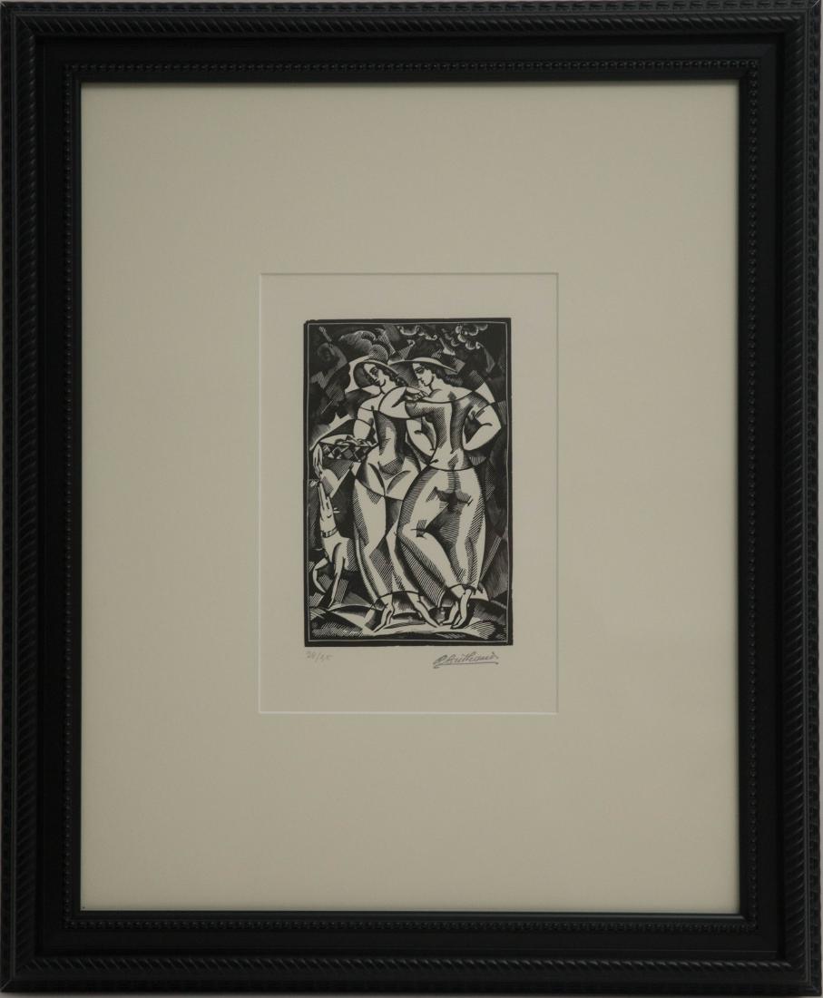 Rene Buthaud Signed Woodblock art deco period Print,: Rene Buthaud pencil signed woodblock print, "Dues amies avec chien" , provenance: The artist, Michel Fortin, Paris: Collection of Stephen Engel, Florida: Literature: Cruðge, Ren_ Buthaud 1886 - 1986,