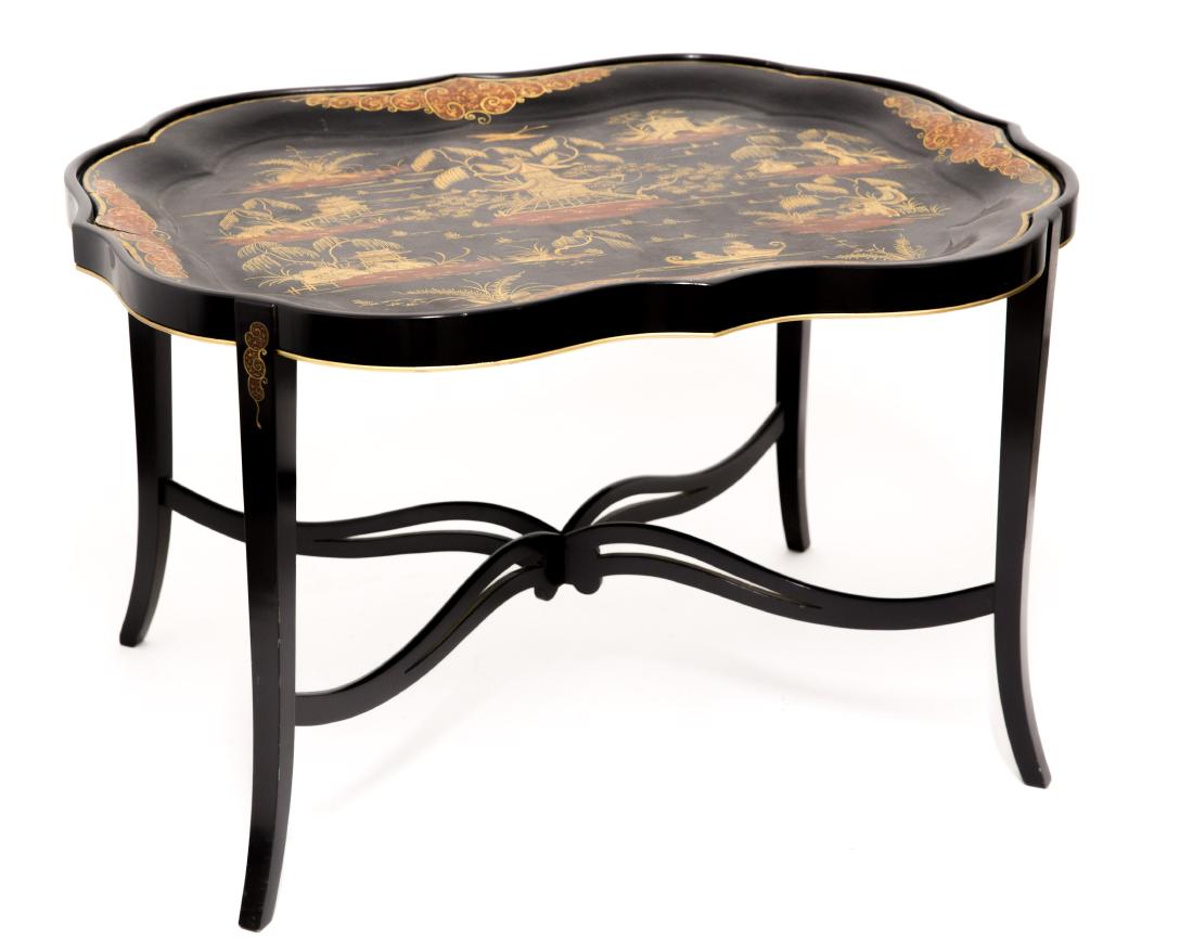 Jennens and Bettridge Mid 19th Century Signed Tray On: Chinoisserie black lacquer serving table with an insert paper mache tray marked Jennens and Bettridge 19th century Approx 32"h x 24" w x 19"h