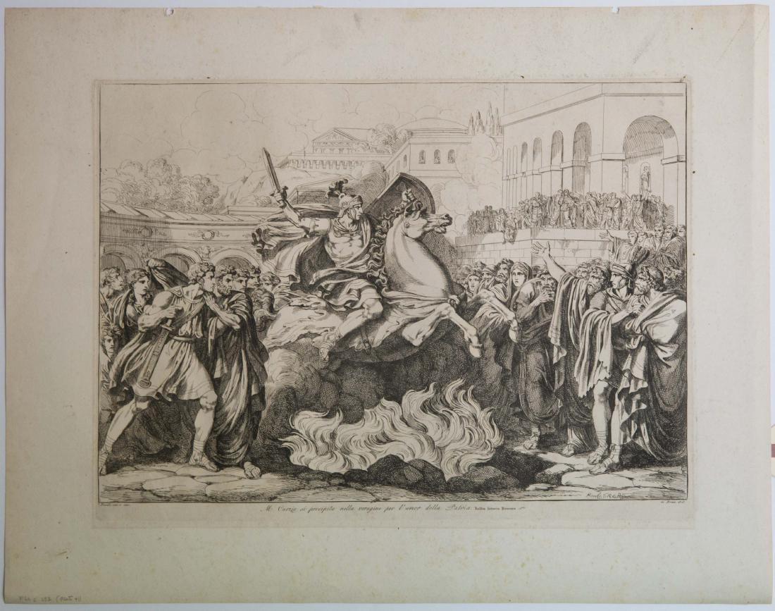 History Of Rome Etching: Etching on woven paper depictiong the history of Rome by Bartolomeo Pinelli 1816. Approx 22"x17"