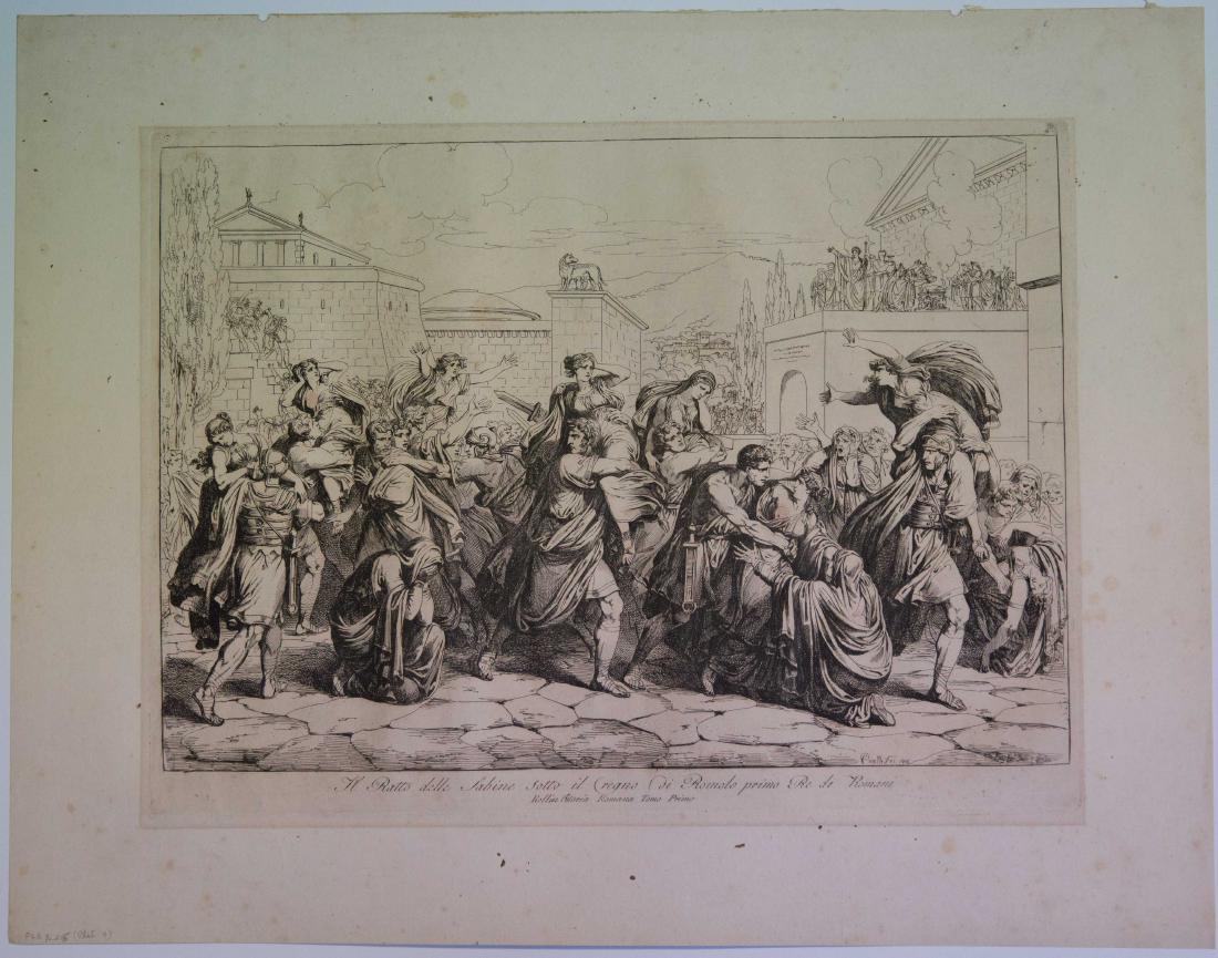 History Of Rome Etching: Etching on woven paper depictiong the history of Rome by Bartolomeo Pinelli 1816. Approx 22"x17"