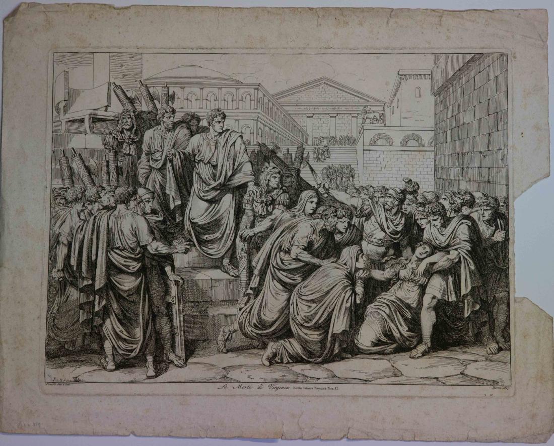 History Of Rome Etching: Etching on woven paper depictiong the history of Rome by Bartolomeo Pinelli 1816. Approx 22"x17" Some visible damage. Please check photos.