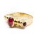 14K yellow gold three stone garnet cabochon ring. Circa
