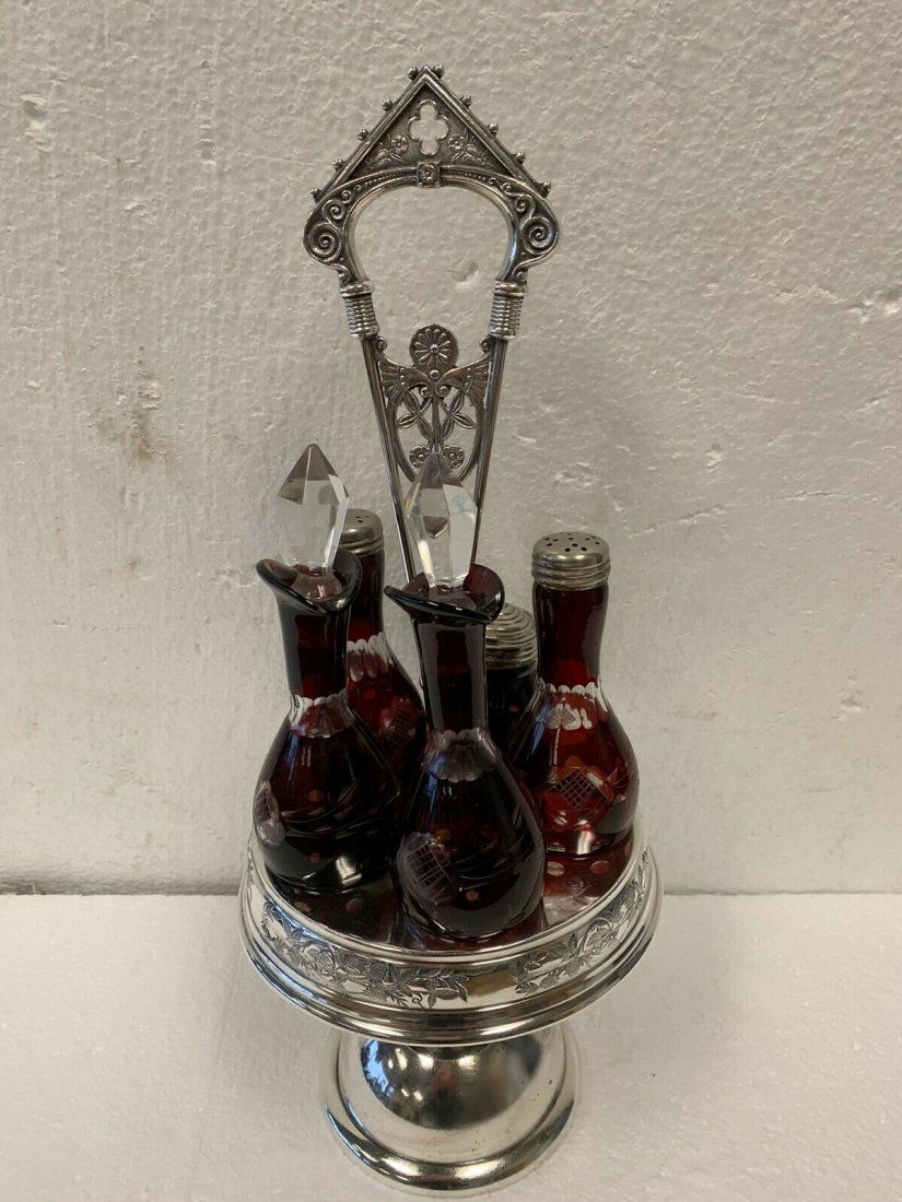 Victorian silver plate castor cruet set with 5 ruby cut (1 of 11)