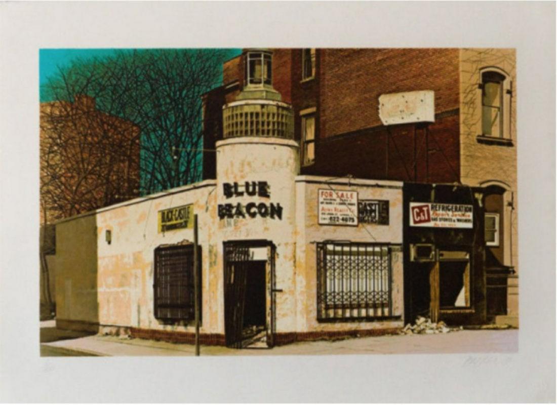 John Baeder Blue Beacon: Artist: John Baeder Title: Blue Beacon Year: 1980 Dimensions: 22 in. by 30 in. Edition: From the limited edition of 250 Medium: Screenprint Condition