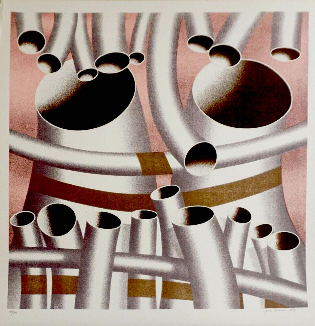 Jack Brusca Pipes: Artist: Jack Brusca Title: Pipes Year: 1976 Dimensions: 26.5 in. by 25.5 in. Edition: From the limited edition of 200 Medium: Serigraph Condition: