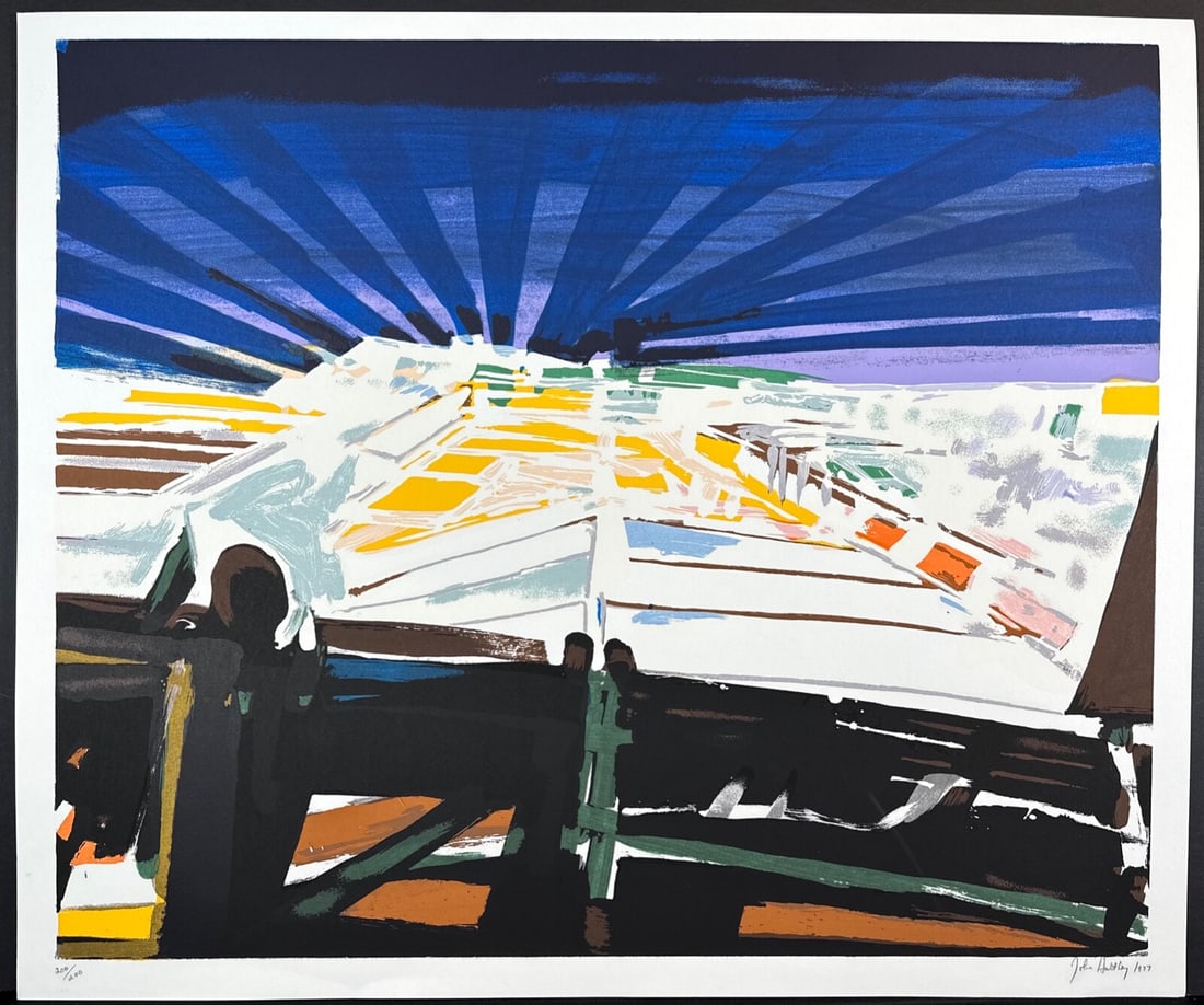 John Hultberg Barricade Hand Signed Serigraph: Artist: John Hultberg Title: Barricade Year: 1977 Dimensions: 36 in. X 24 in. Edition: From the edition of 200 Medium: Serigraph on Paper Signature: Hand Signed by John Hultberg Condition: Excellent