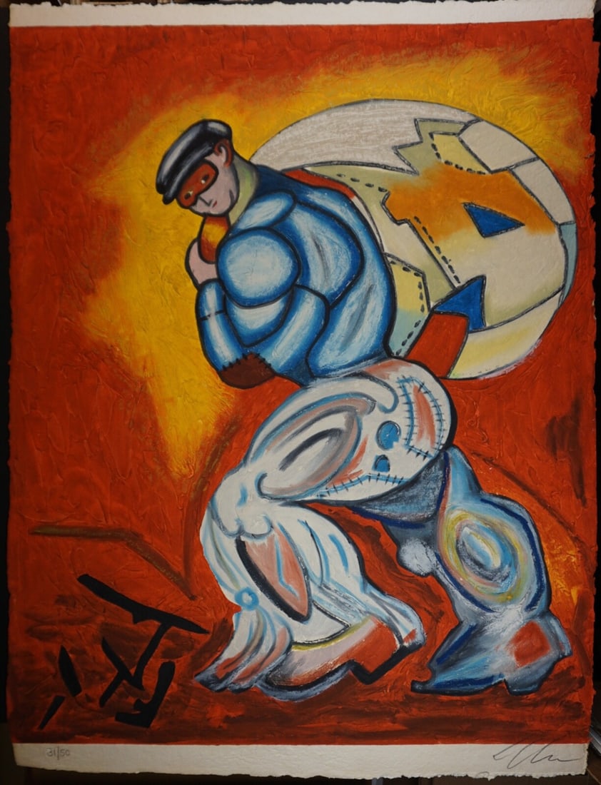 Sandro Chia Untitled #1 Hand Signed Etching: Artist: Sandro Chia Title: Untitled #1 Year: 1989-1990 Dimensions: 31 in. X 57 in. Edition: From the edition of 50 Medium: Carborundum etching with hand coloring on Handmade Paper Signature: Hand Sign