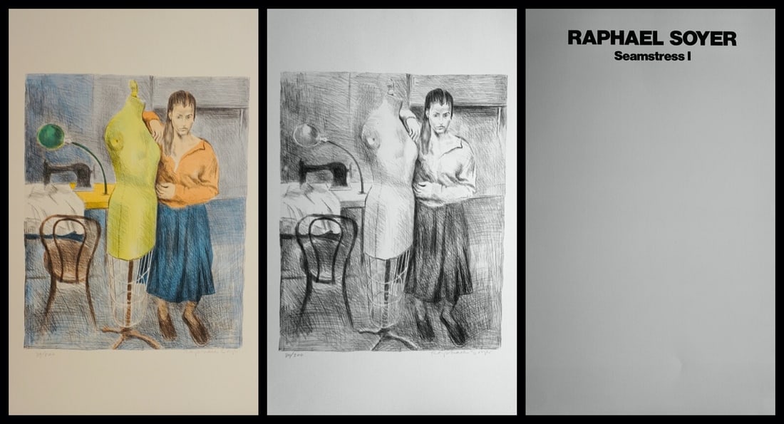 Raphael Soyer Seamstress I 2 Piece Hand Signed Suite: Artist: Raphael Soyer Title: Seamstress I Portfolio Dimensions: 21.5 in. X 29.5 in each Edition: From the edition of 300 , matched numbered Medium: 2 lithographs on paper. 1 printed in color and 1 in