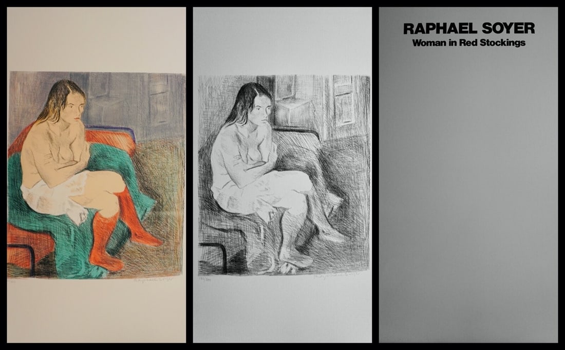 Raphael Soyer Woman in Red Stockings 2 Piece Hand Signed Suite: Artist: Raphael Soyer Title: Woman in Red Stockings Portfolio Dimensions: 21.5 in. X 29.5 in each Edition: From the edition of 300 , matched numbered Medium: 2 lithographs on paper. 1 printed in color