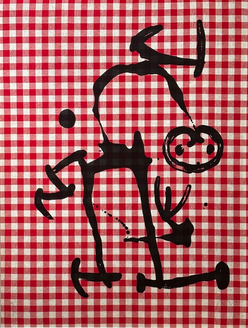 Joan Miro L’Illetre aux Carreaux Rouges Color Lithograph on Red & White Cloth (1 of 4)