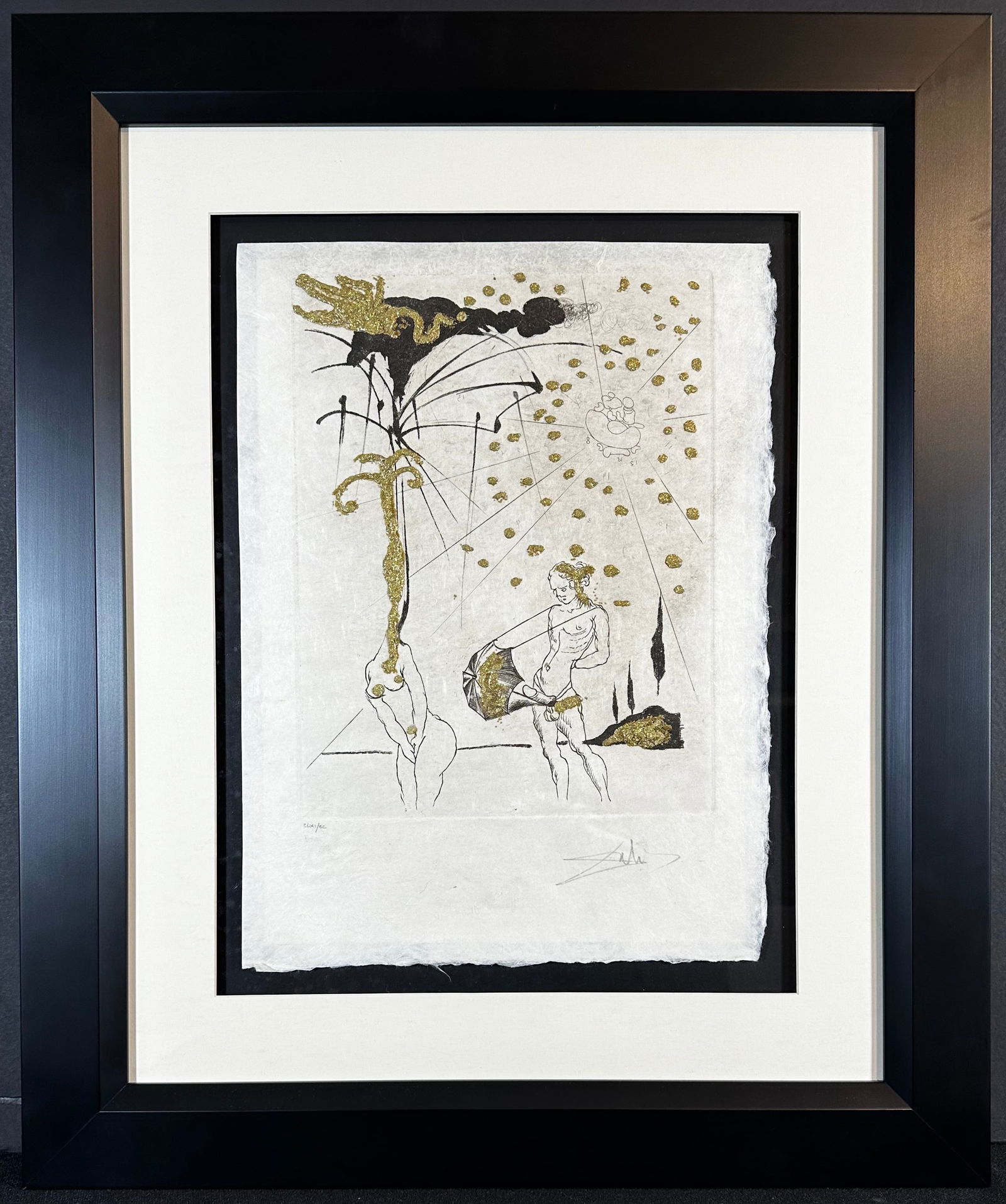 Salvador Dali Les Amours Jaunes The Rebel Poet Hand Signed Etching + Gold Flakes: Artist: Salvador DALI Title: Les Amours Jaunes The Rebel Poet Year: 1974 Dimensions: Paper - 11 in. X 14.75 in Frame - 19.5 in x 24 in Edition: CLXI/CC Medium: Etching + Gold Flakes on Paper 