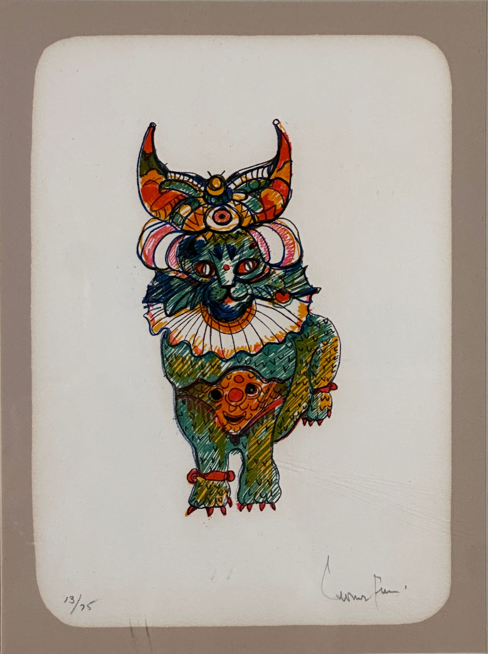 Leonor Fini Horned Cat Hand Signed Lithograph: Artist: Leonor Fini Title: Horned Cat Dimensions: Paper: 12 in. X 9 in. Frame: 23 in x 21 in Medium: Lithograph. Edition Number: 13/75 Signature: Hand Signed by Leonor Fini Condition: Excellent