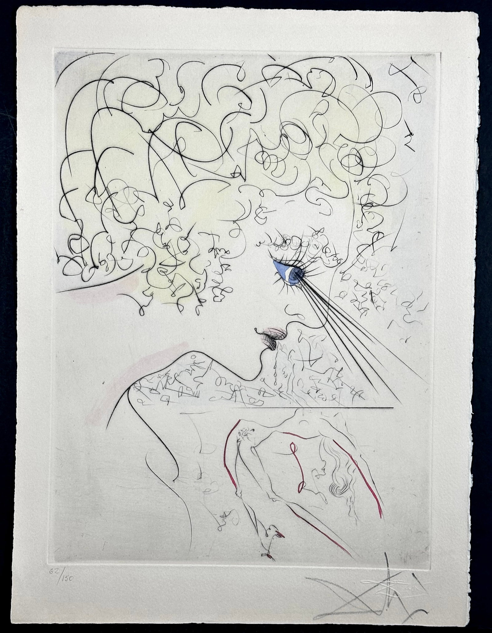 Salvador Dali La Venus aux Fourrures The Head Hand Signed Etching: Artist: Salvador DALI Title: La Venus aux Fourrures The Head Year: 1968 Dimensions: 11 in. X 15 in Edition: 62/150 Medium: Etching on Paper Signature: Hand Signed by Salvador DALI Reference: The Offic