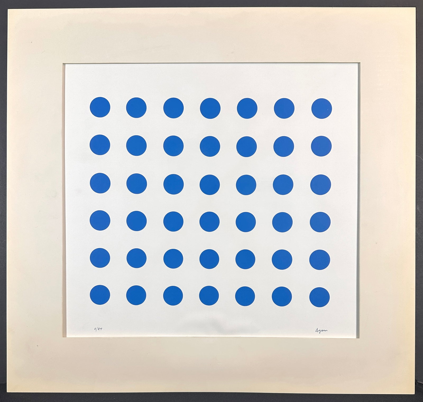 Yaacov Agam Transformable Dialogue #1 Graphic Dialogue Blue: Artist: Yaacov Agam Title: Transformable Dialogue #1 Graphic Dialogue Blue Year: 1976 Dimensions: Paper: 16 in. X 14.5 in Frame: 19.75 in x 21 in Paint Palette: 12 in x 12 in Edition: 6/99 Medium: Lit
