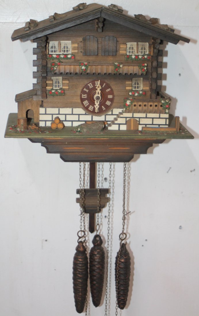3 Weight Musical Cuckoo Clock: Retains all 3 weights.Case measures 9" tall x 11" wide x 6 3/4" deep.