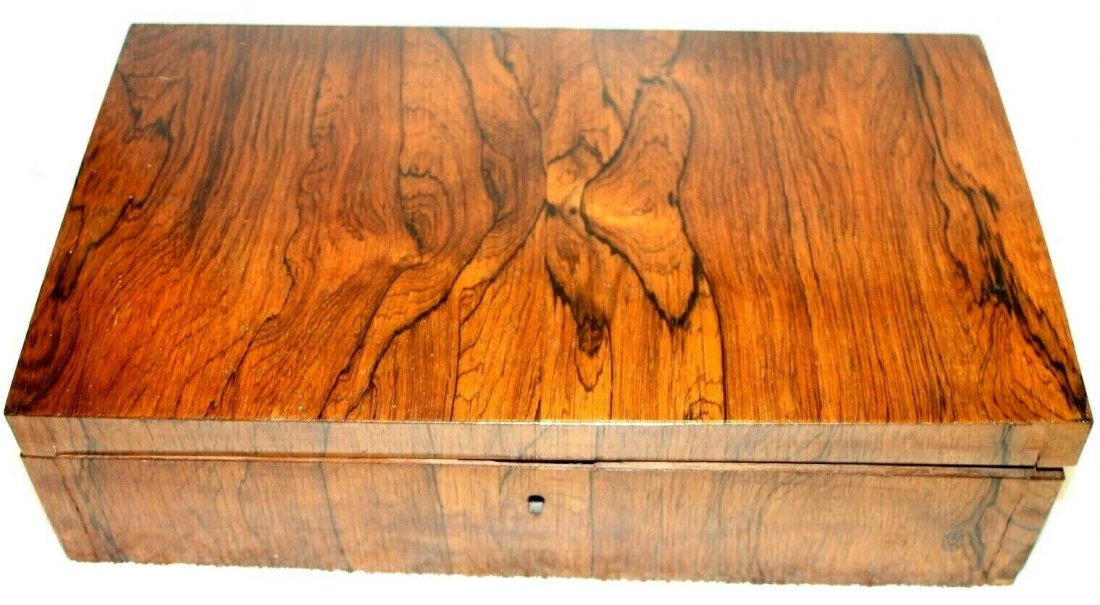 Rosewood Sewing Box: 14 1/2" wide x 8 1/2" deep x 4 1/8" tall.Retains insert and sewing supplies