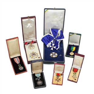 SEVEN SETS OF ORDERS AND DECORATIONS, 20TH CENTURY.: All come with their original boxes, sashes and rosettes. Grand Cross, Order of Merit, Egypt. Grand Cross, Order of Rio Branco, Brazil. Officer, Order of the Liberator General San Mart&#237;n, Argentin