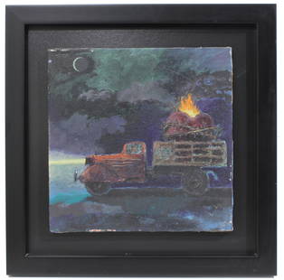 CARLOS ALMARAZ (1941-1989). "NIGHT SCENE WITH BURNING: Oil on canvas.Signed with initials on base. Slight paint loss. 38 x 38 cm; 56.5 x 56.5 cm. (frame). Carlos Almaraz was a Mexican-American artist and one of the first Chicano street artists. These days