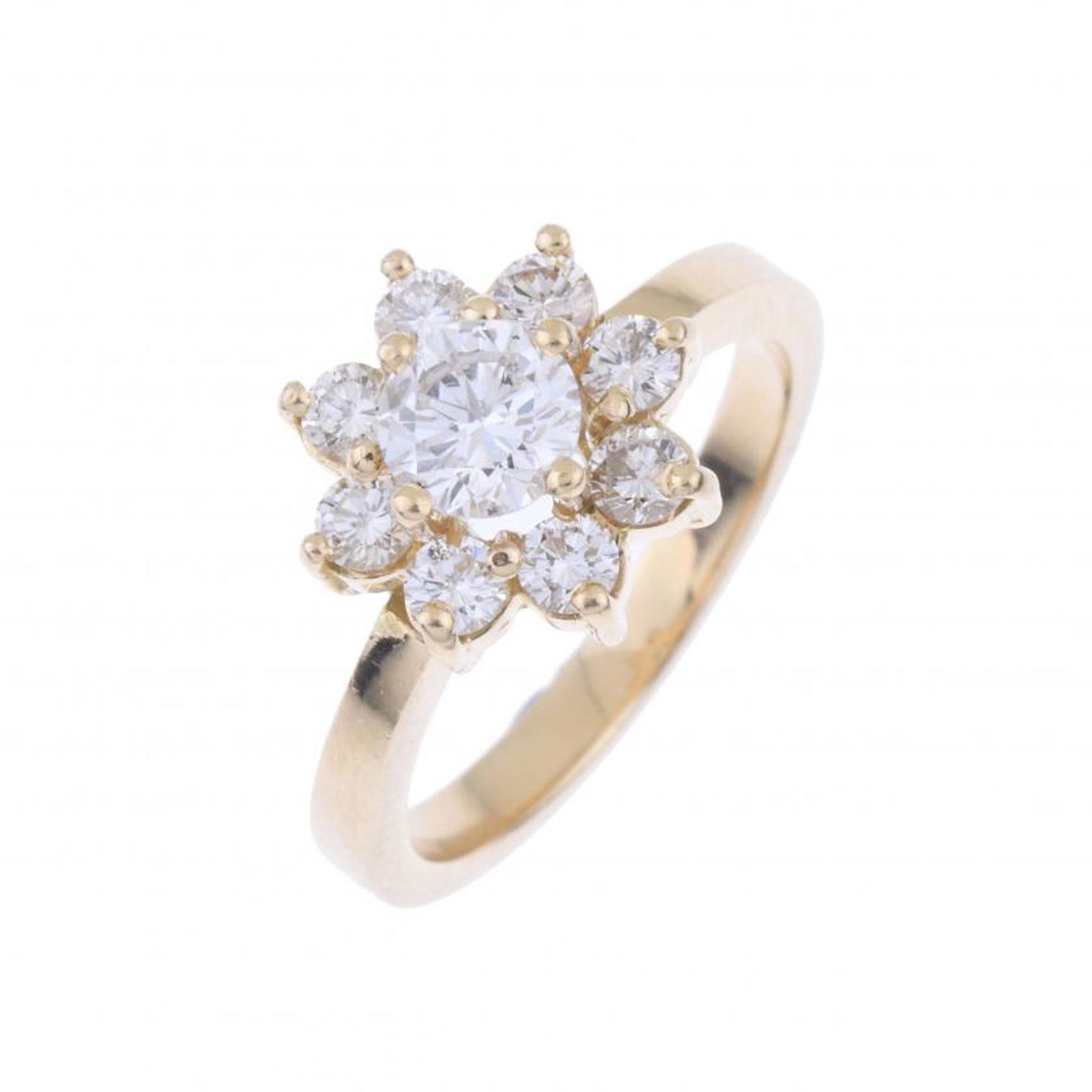 DIAMONDS ROSETTE RING.: 18kt yellow gold with a central brilliant cut diamond, 0.60 ct. Total diamond weight 1.25 ct. total.5.5 grs