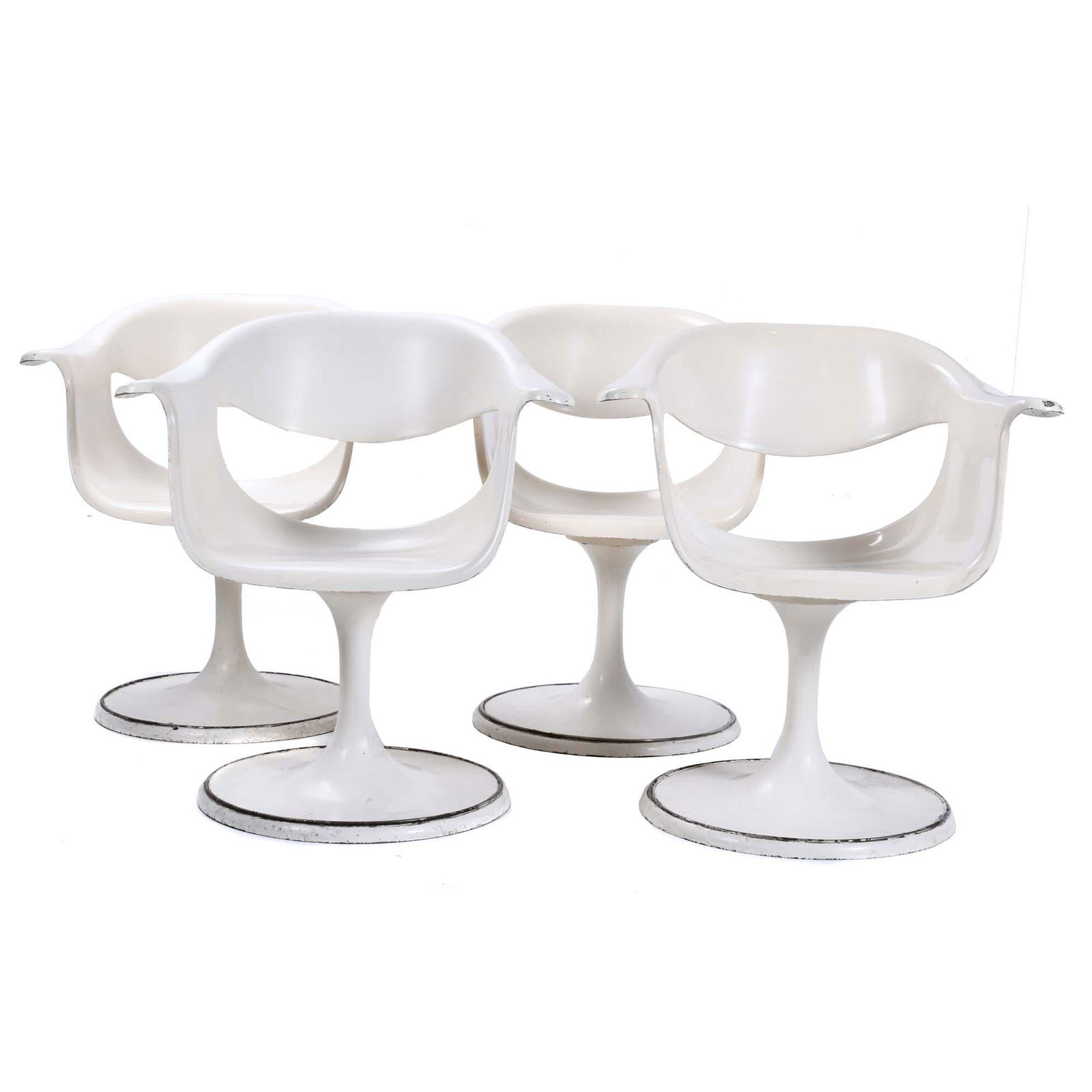 SET OF FOUR "SPACE AGE" SWIVEL CHAIRS, MID 20TH: Fiberglass with Tulip-like foot.Height 73 cm and base diam. 46 cm.