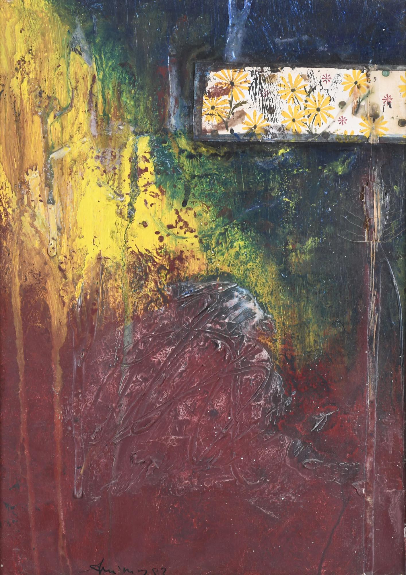 DANIEL ARGIMON (1929-1996). "COMPOSITION", 1983.: Mixed media and collage on canvas.Signed and dated.It has a restoration of the pictorial layer visible on the front.33 x 24 cm; 51 x 42 cm (frame).