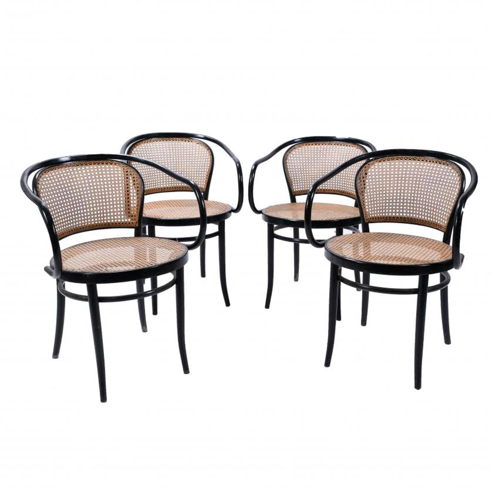 AUGUST THONET (1859-1910). SET OF FOUR B9 CHAIRS WITH: Tubular structure in ebonised wood with mesh seat and backrest. With attached paper label "Made in Czechoslovakia". The curved B9 chair designed by August Thonet became the most popular chair. Height