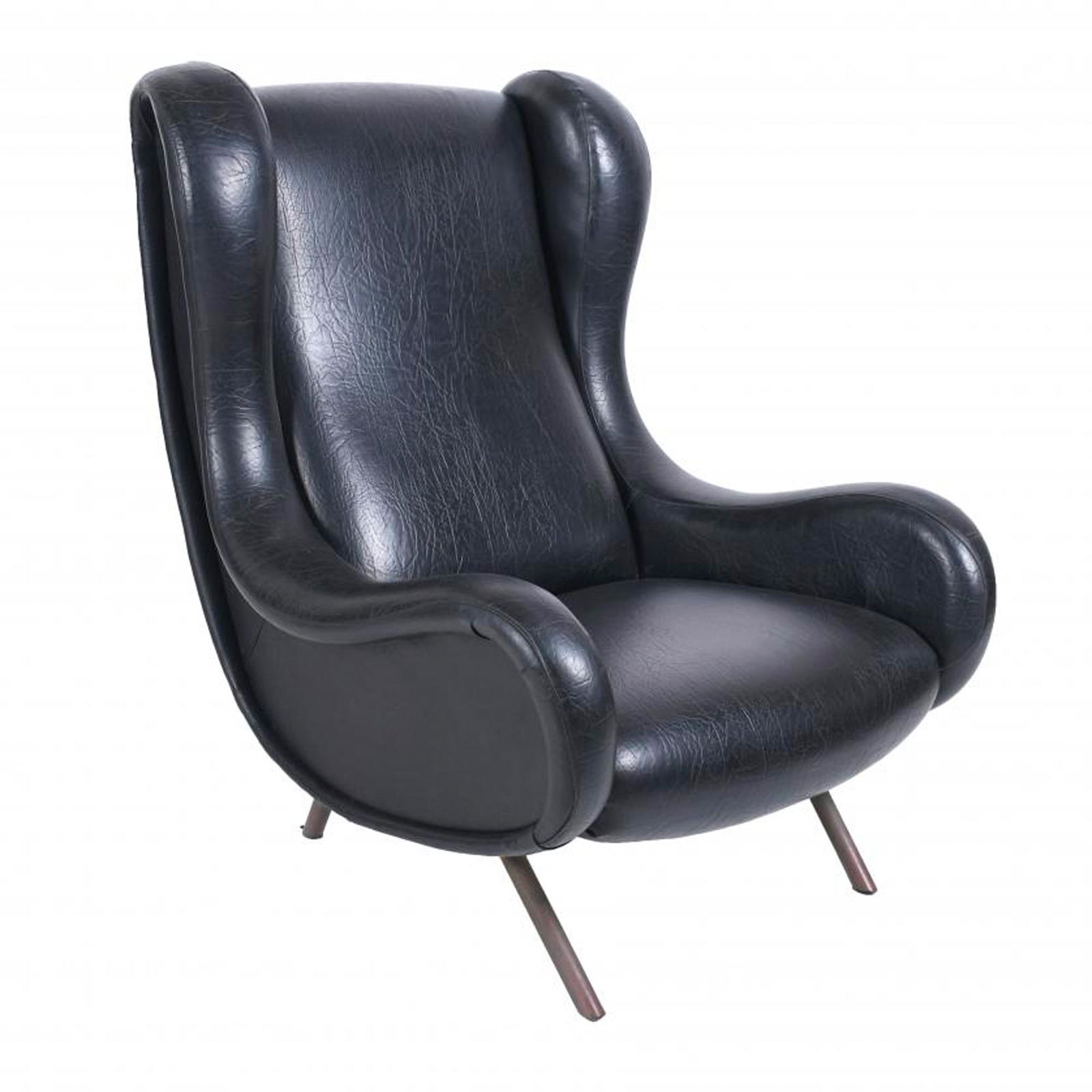 MARCO ZANUSO (1916â€“2001). ITALIAN "SENIOR" ARMCHAIR,: Legs in metal and black imitation leather. Designed in the 1950's by Marco Zanuso and manufactured by Arflex, 1951. Wear and tear. Marco Zanuso is considered one of the founding fathers of Italian ind
