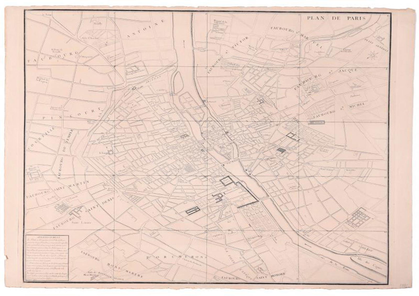TURGOT MAP OF PARIS.: Print on paper. 19th Century reproduction of the map of Paris commissioned by Michel-Etienne Turgot to Louis Bretez in 1734, consisting of 21 prints, one of which is an index and the other 20 a detail