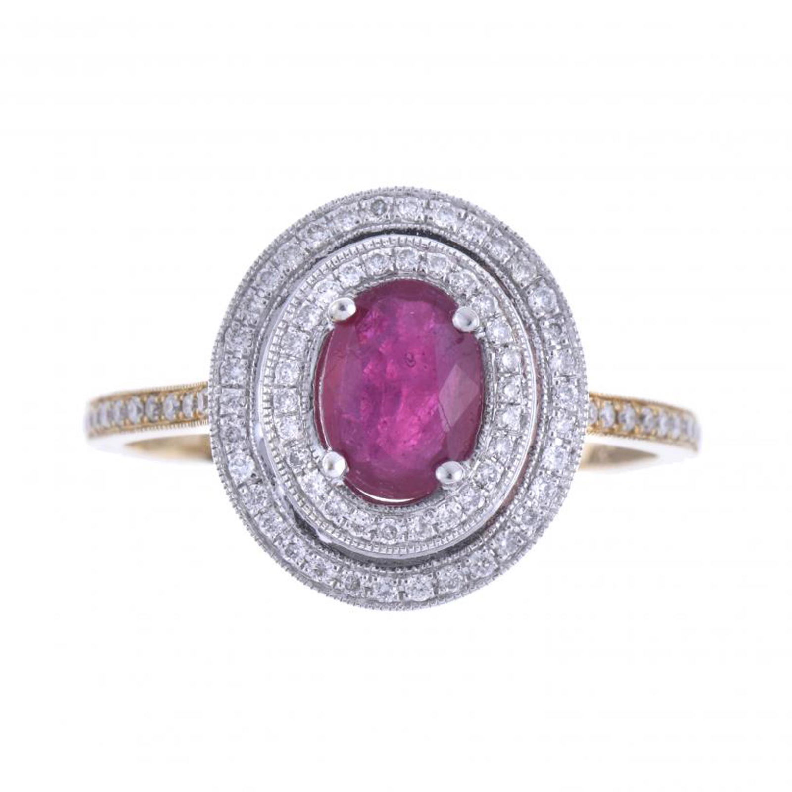 RUBY AND DIAMONDS ROSETTE RING.: Yellow gold and white gold with brilliant cut diamonds weighing 0.24 ct. and a central oval cut ruby measuring 7 x 5 mm. Hoop 17 mm.