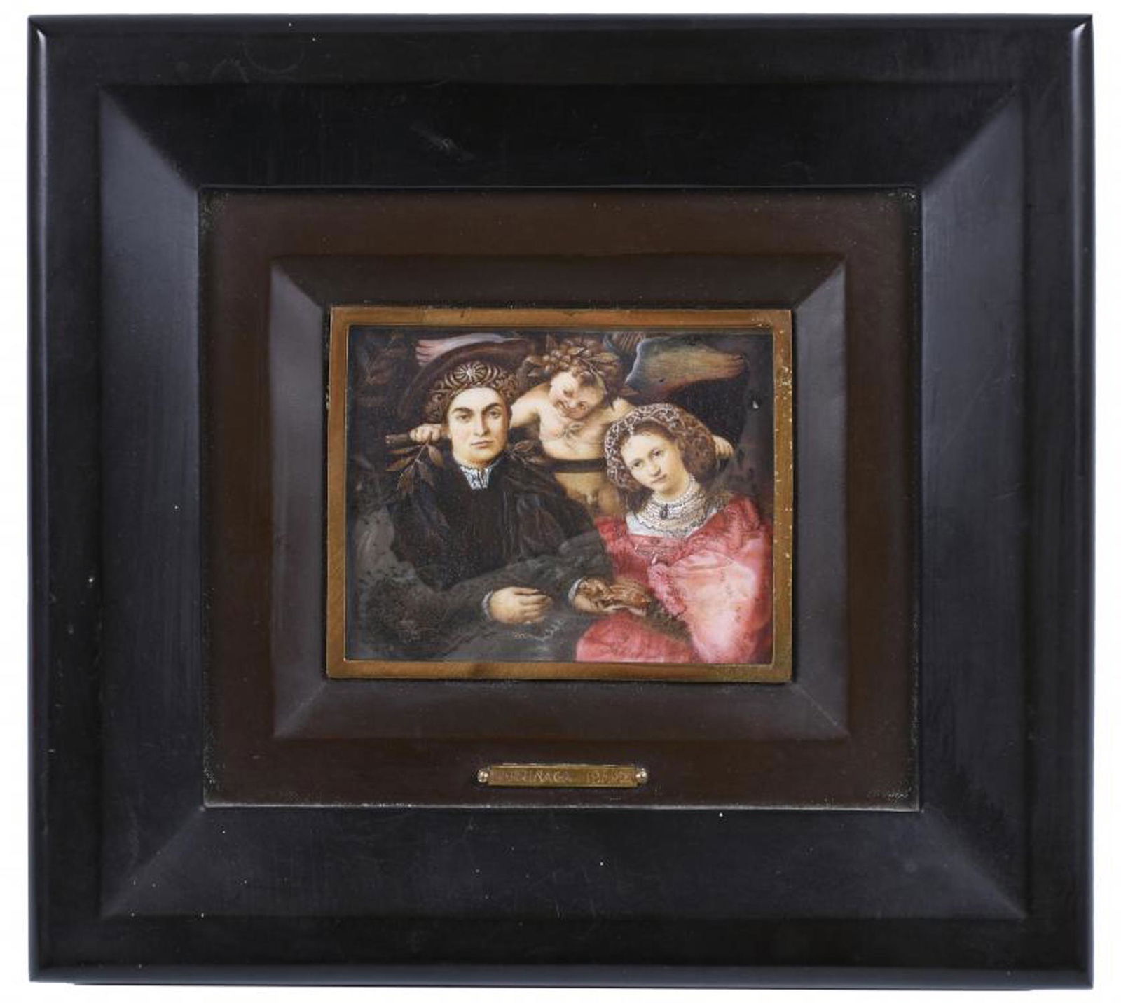 LUIS LARRINAGA IBARRA (1923-2006). AFTER MODELS BY THE ITALIAN PAINTER LORENZO LOTTO (1480-1557) AND: Painted in gouache. Framed in wood. 5 x 6 cms miniature and 14 x 15.5 cms with frame.