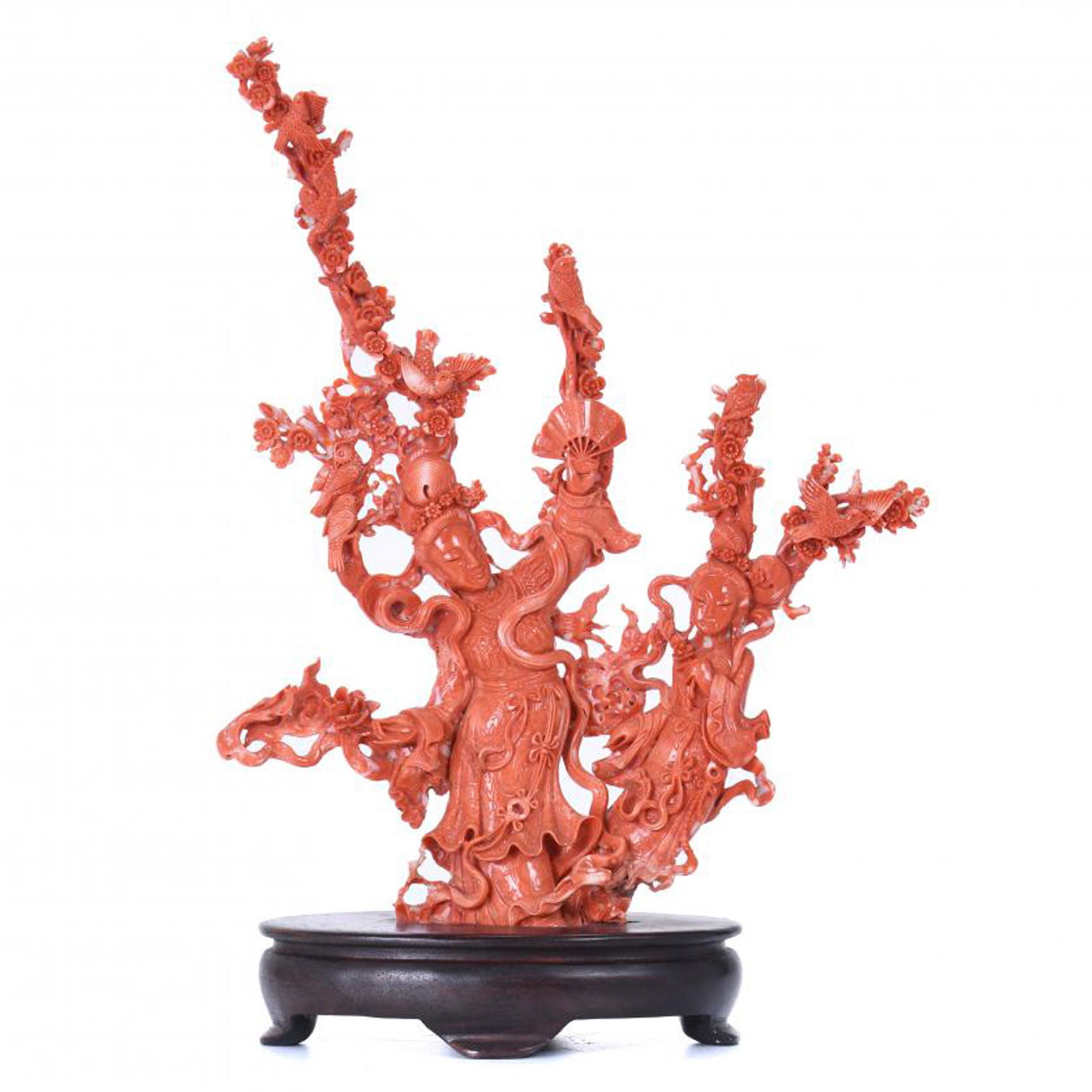 EARLY 20TH CENTURY CHINESE SCHOOL. CORAL CARVING "WOMEN AND FLOWERS". (1 of 6)