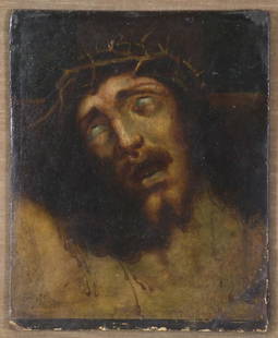 AFTER LUIS DE MORALES "EL DIVINO". "LAST BREATH OF CHRIST", 17TH CENTURY.: Oil on board. With an opening on the reverse showing the back of the board, where there is a note in Italian, dated 1586, attributing the work to Luis de Morales. 29.5 x 24 cm; 80 x 74 cm (frame).