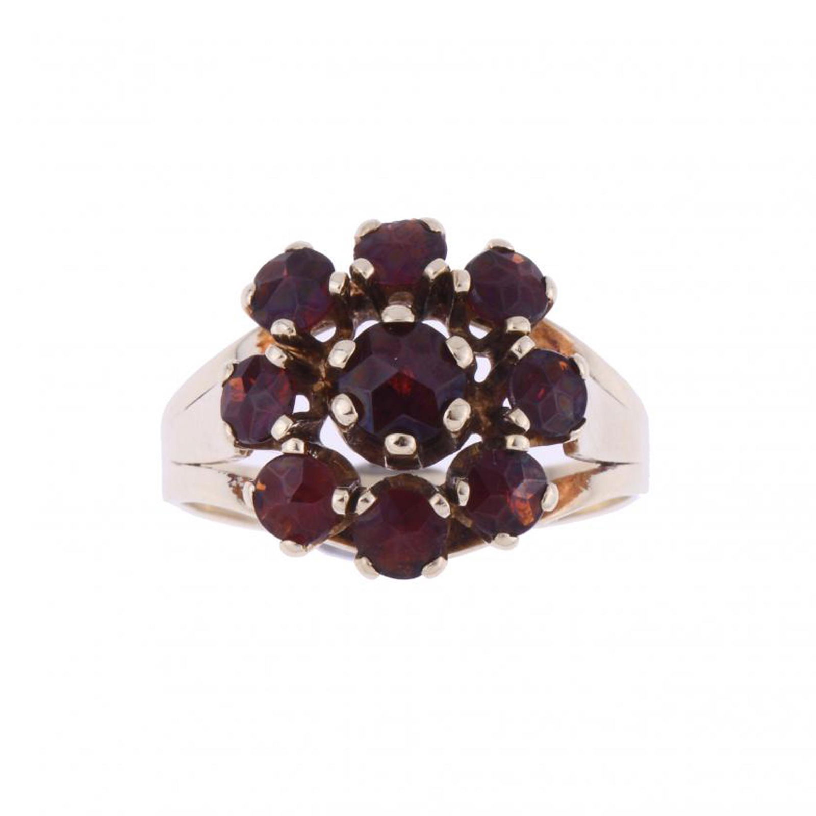 RING WITH GARNETS ROSETTE.: 14kt. gold with garnets rosette. Hoop 16 mm.