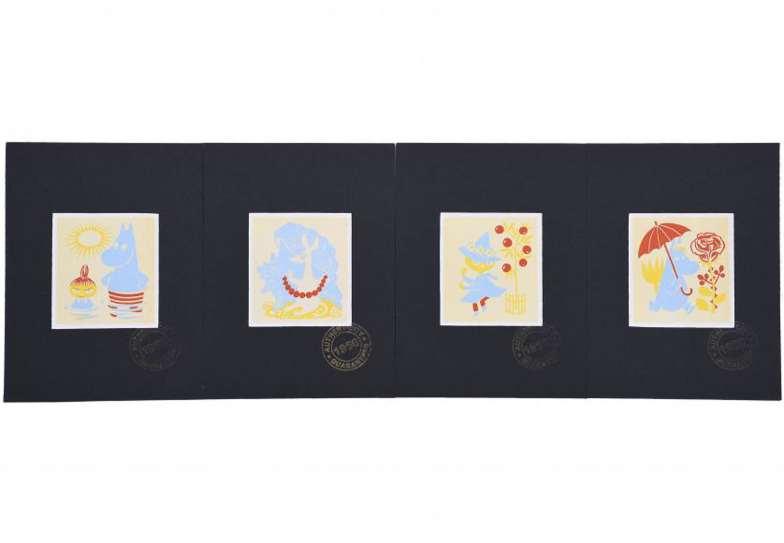 TOVE JANSSON (1914-2001). "MOOMINTROLL & LITTLE MY", "SNUFKIN", "SNORKMAIDEN", "SNIFF".: Silkscreen. Tove Jansson was a famous Finnish novelist, painter and illustrator who created the famous Mumins, the main characters of her picture book saga. These four silkscreen prints were printed b