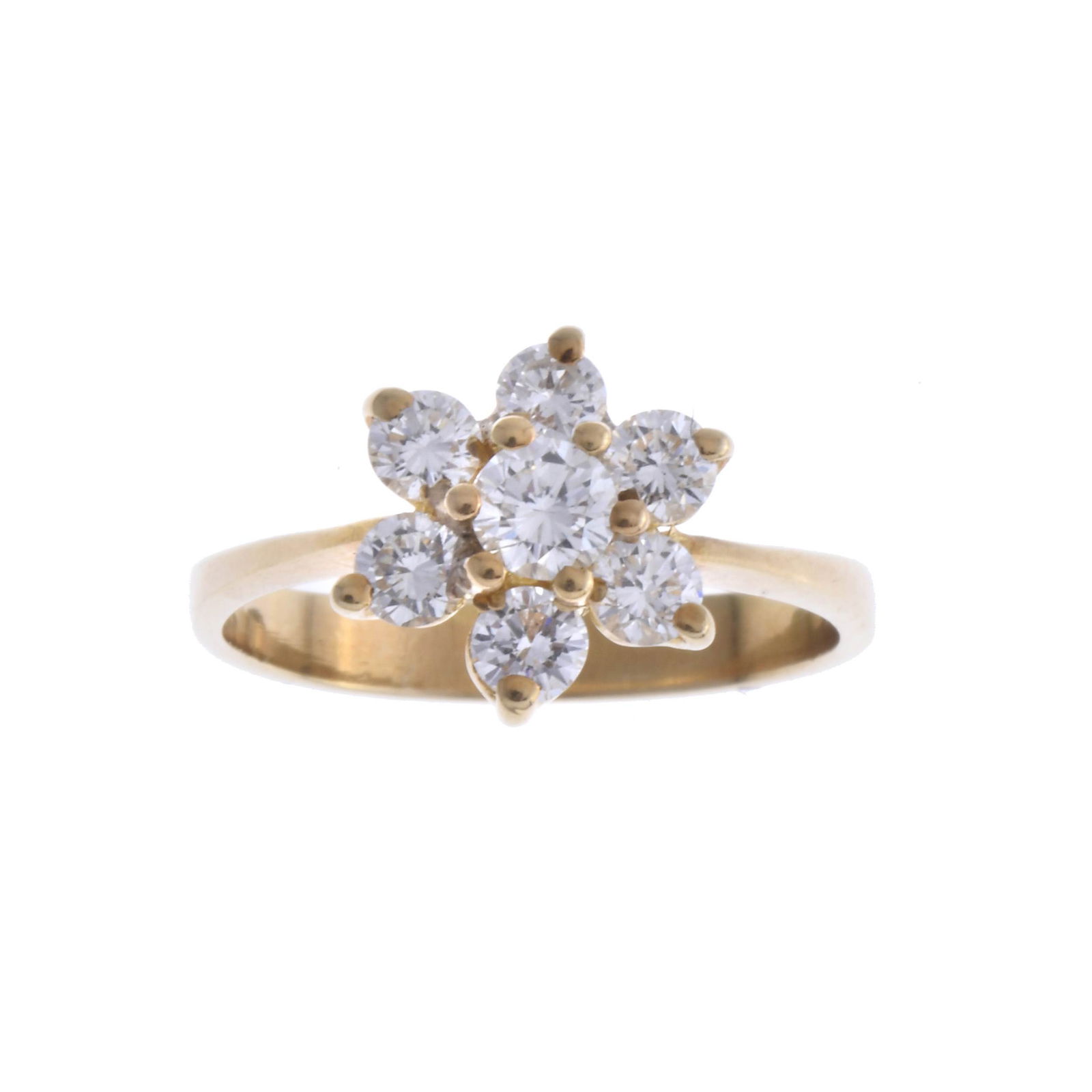 DIAMONDS ROSETTE RING.: 18kt yellow gold with brilliant cut diamonds, centre of 0.20 ct. bordered with brilliant cut diamonds of approx. 0.60 ct. total weight. Hoop 16.5 mm.