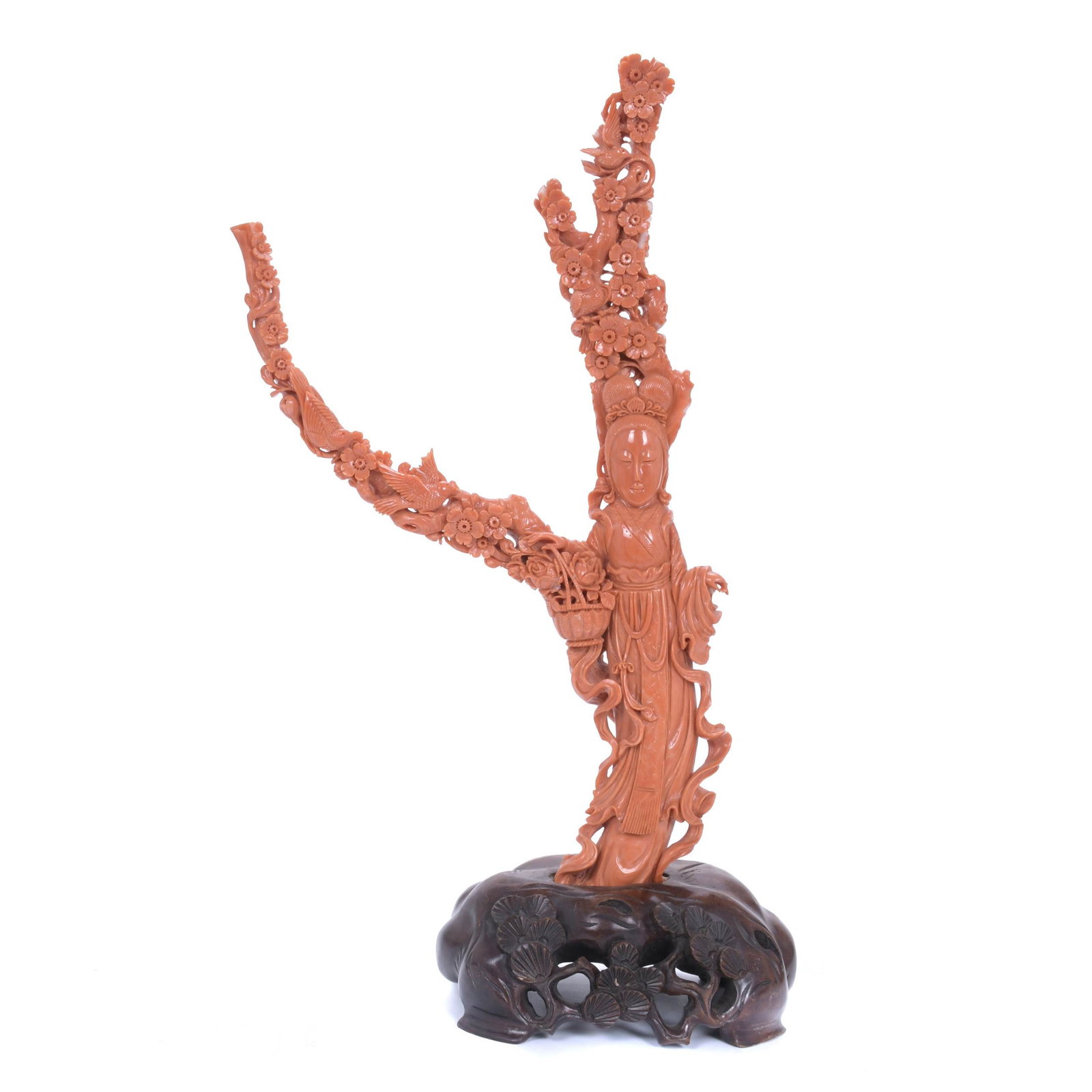 20TH CENTURY CHINESE SCHOOL. CORAL FIGURE "WOMAN WITH A BASKET AND A BRANCH". (1 of 8)