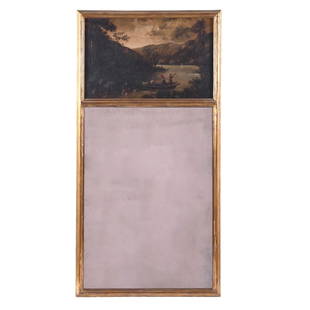 SPANISH TRUMEAU MIRROR, EARLY 20TH CENTURY.: Gilded wood with an oil painting on canvas adhered to board. The painting depicts a river landscape with figures in a canoe. Damages on the paint and the gilding and marks on the glass. 112 x 58 cm; 7